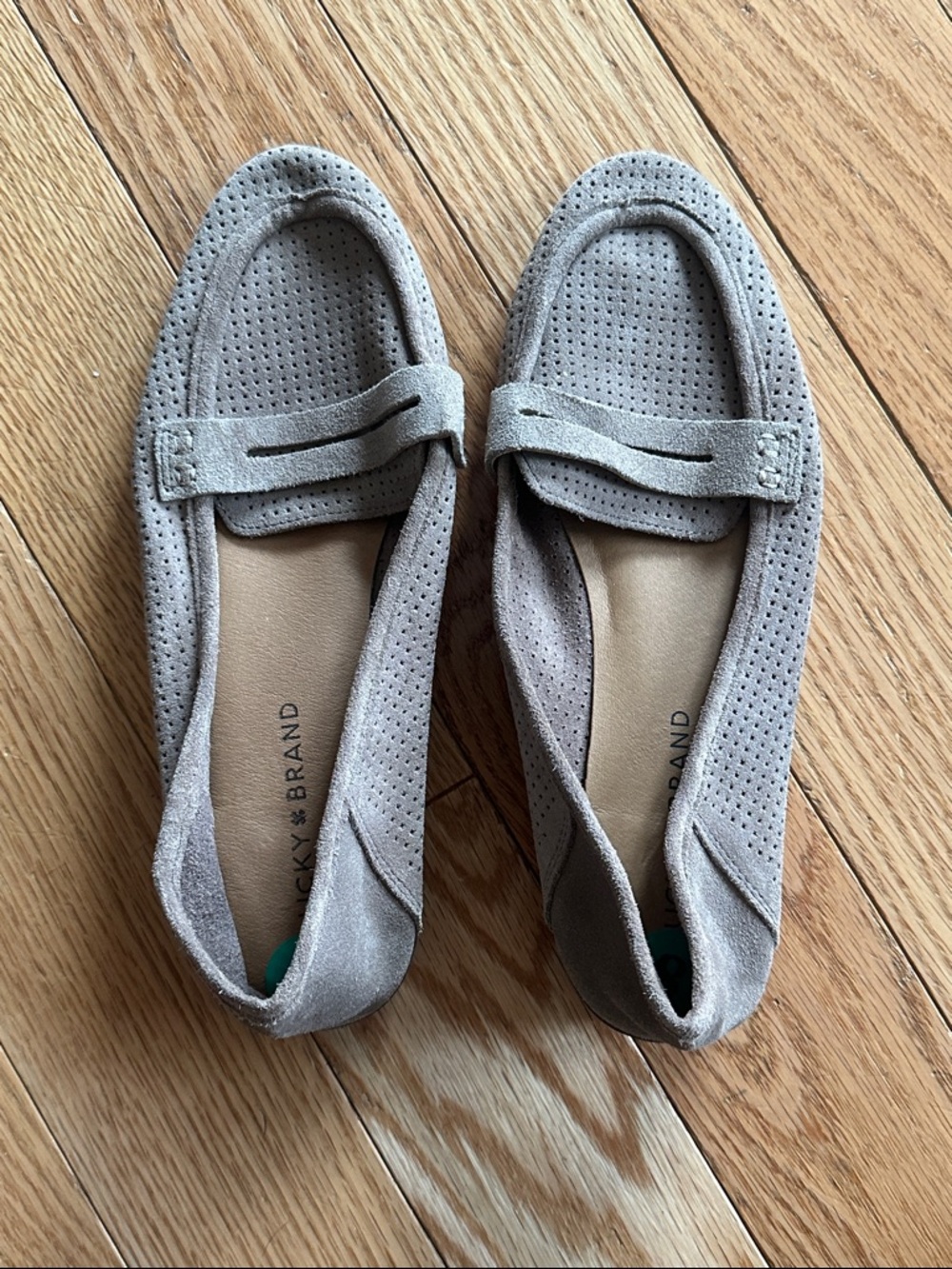 Lucky Brand Light Taupe Suede Perforated Penny Loafers